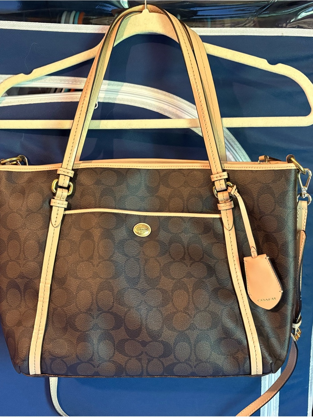 Coach Brown Signature Tote with Cream Trimmed Handles